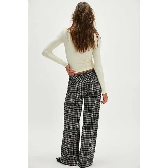 NEW FREE PEOPLE HUDSON CANYON CHARCOAL COMBO SLOUCHY PLAID COTTON PANTS MEDIUM - Picture 3 of 12